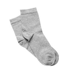 Pair of grey socks isolated on white, top view