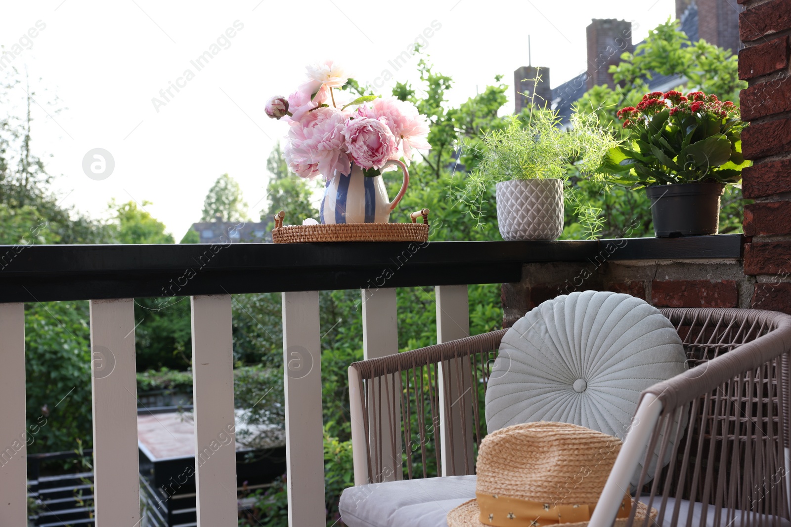 Photo of Different plants on railings and chair at cozy balcony outdoors