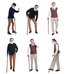 Image of Collage with photos of senior man with walking cane on white background