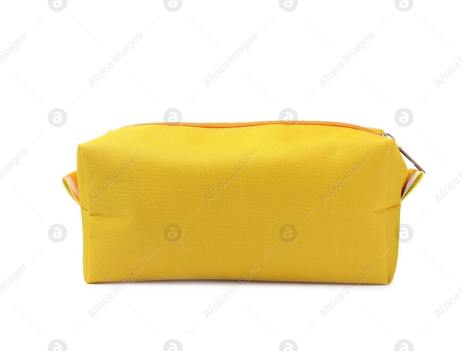 Photo of Stylish yellow cosmetic bag isolated on white