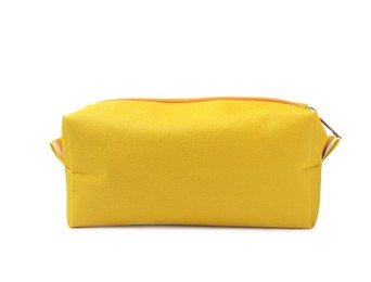 Photo of Stylish yellow cosmetic bag isolated on white