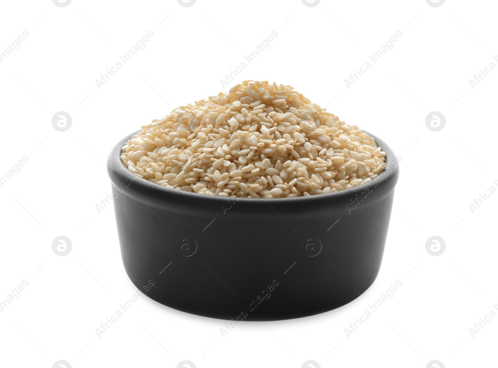 Photo of Ceramic bowl with sesame seeds on white background