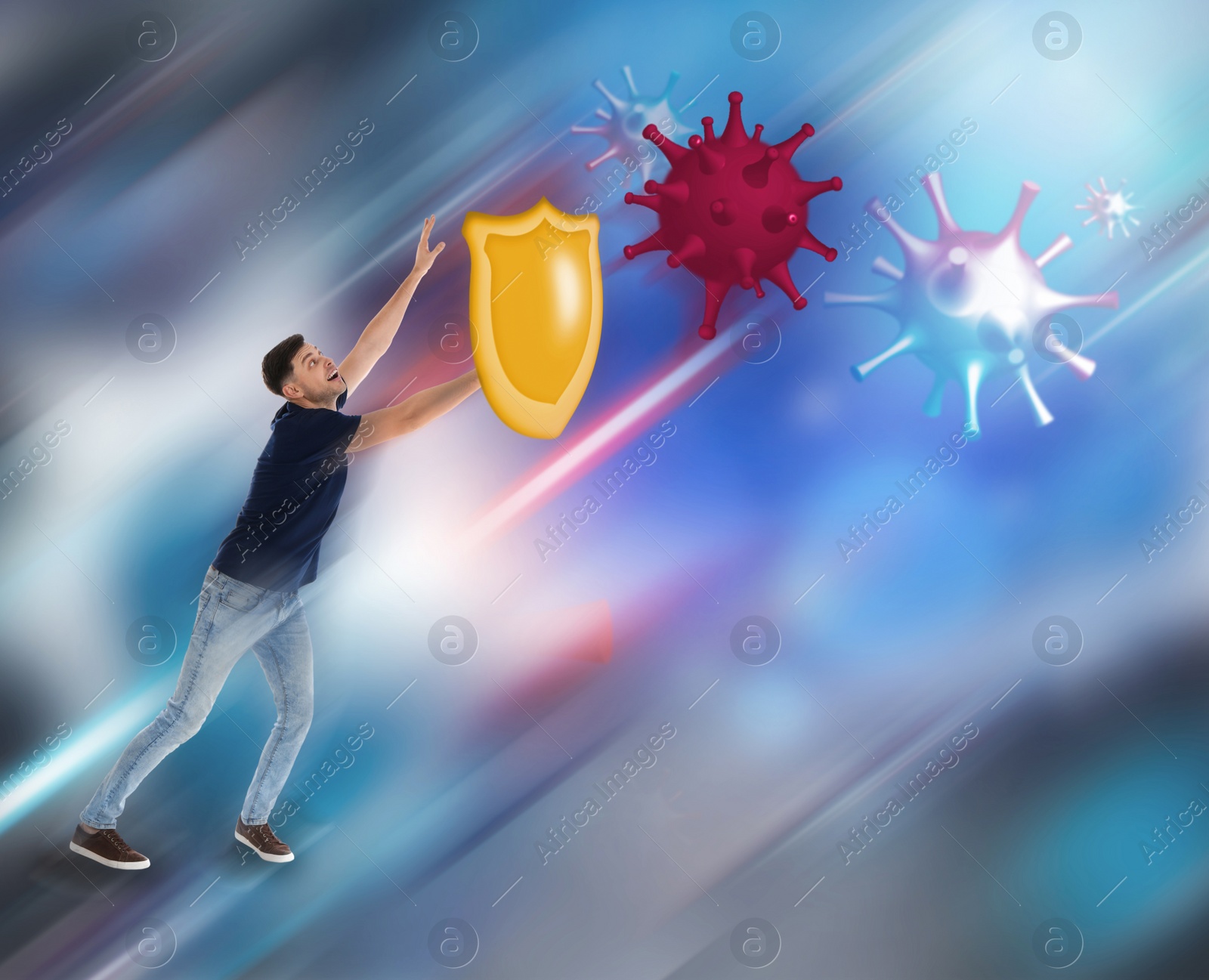 Image of Be healthy - boost your immunity. Man blocking viruses with shield, illustration