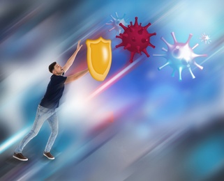 Be healthy - boost your immunity. Man blocking viruses with shield, illustration