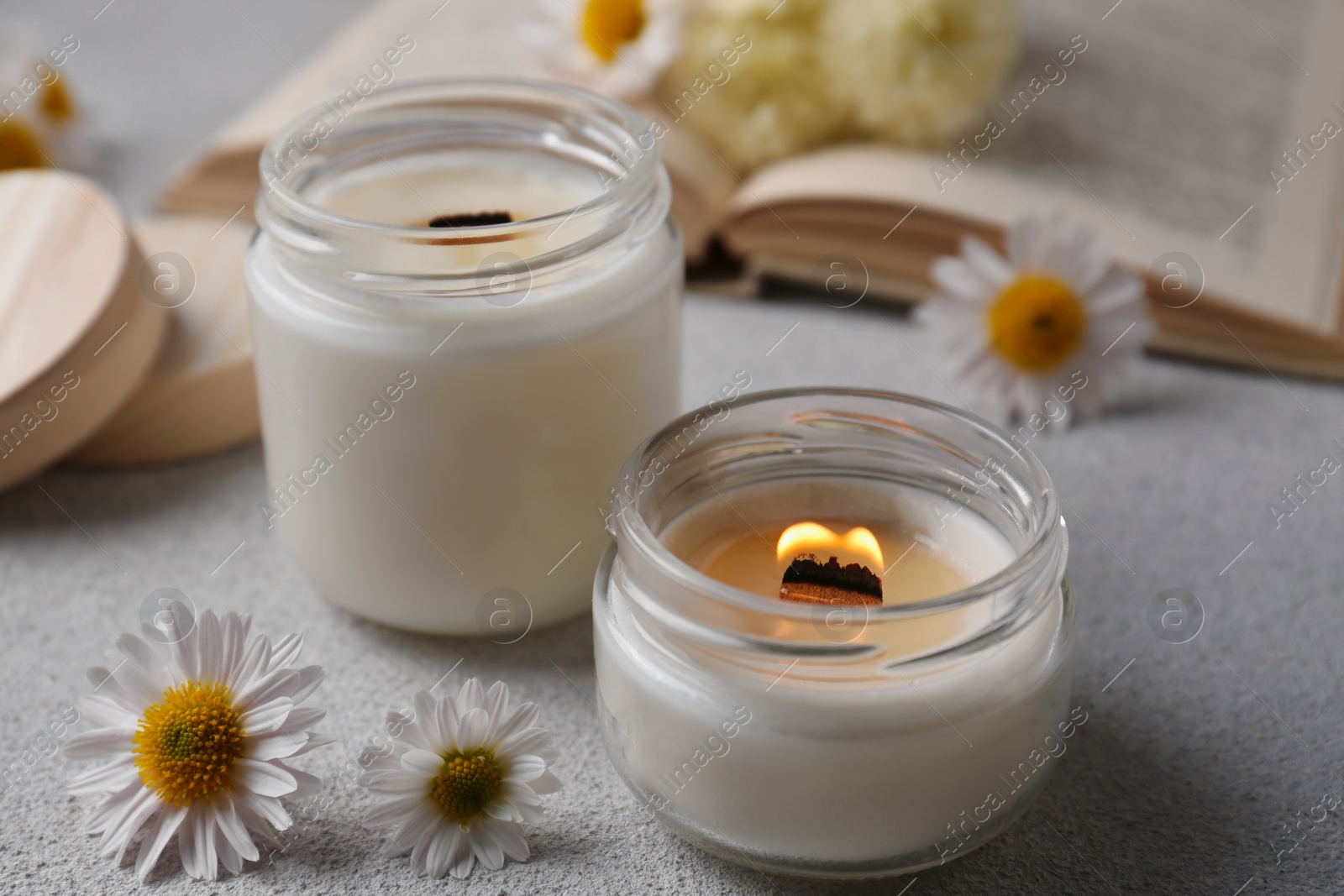 Photo of Burning scented candles and chamomile flowers on light gray textured table, closeup