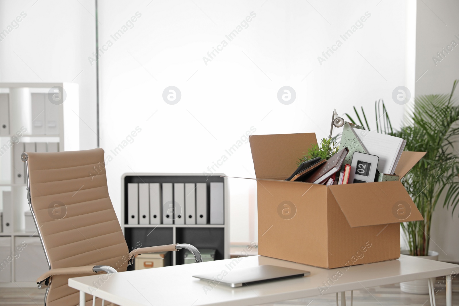 Photo of Cardboard box full of stuff on table in office