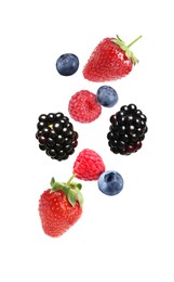 Image of Blackberries, blueberries, strawberries and raspberries falling on white background