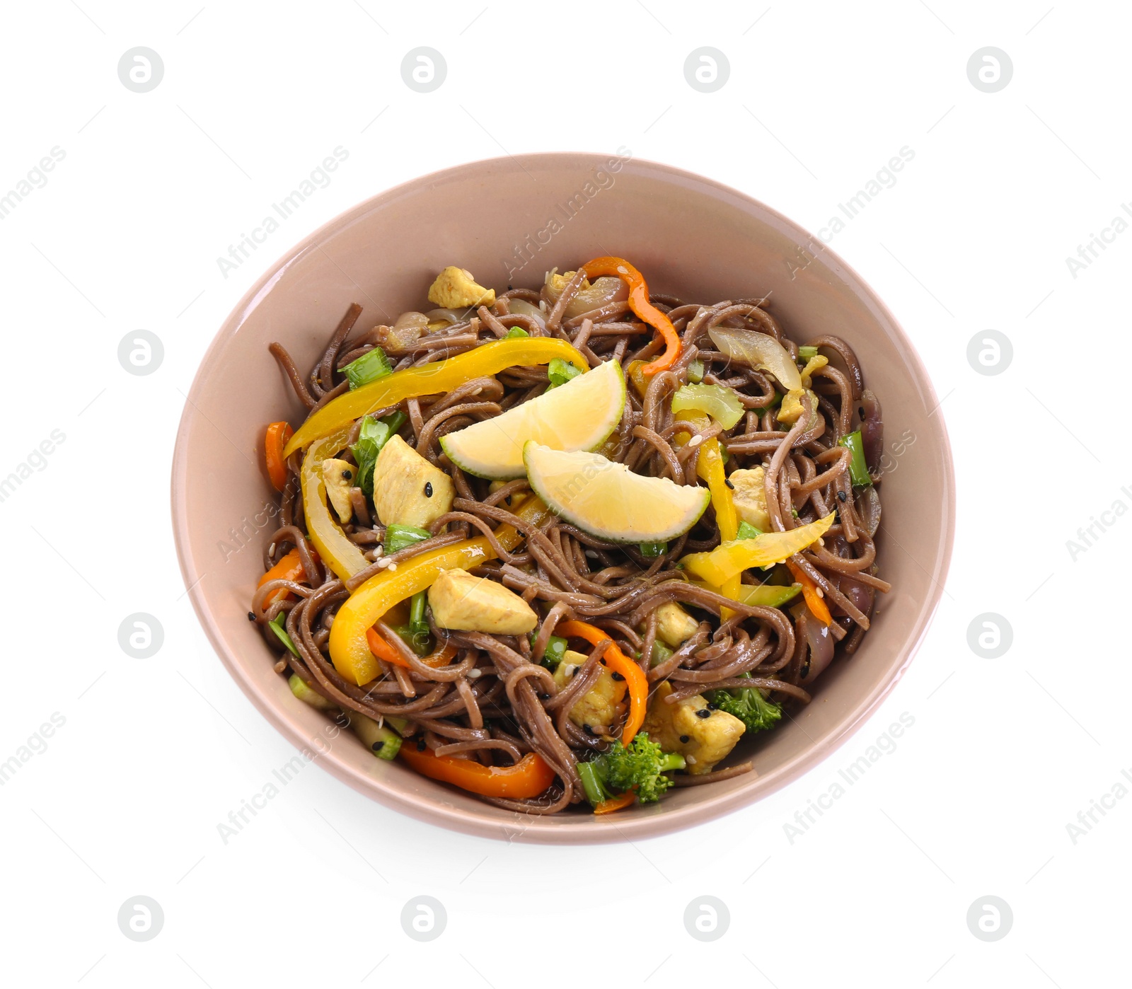 Photo of Stir-fry. Delicious cooked noodles with chicken and vegetables in bowl isolated on white, top view