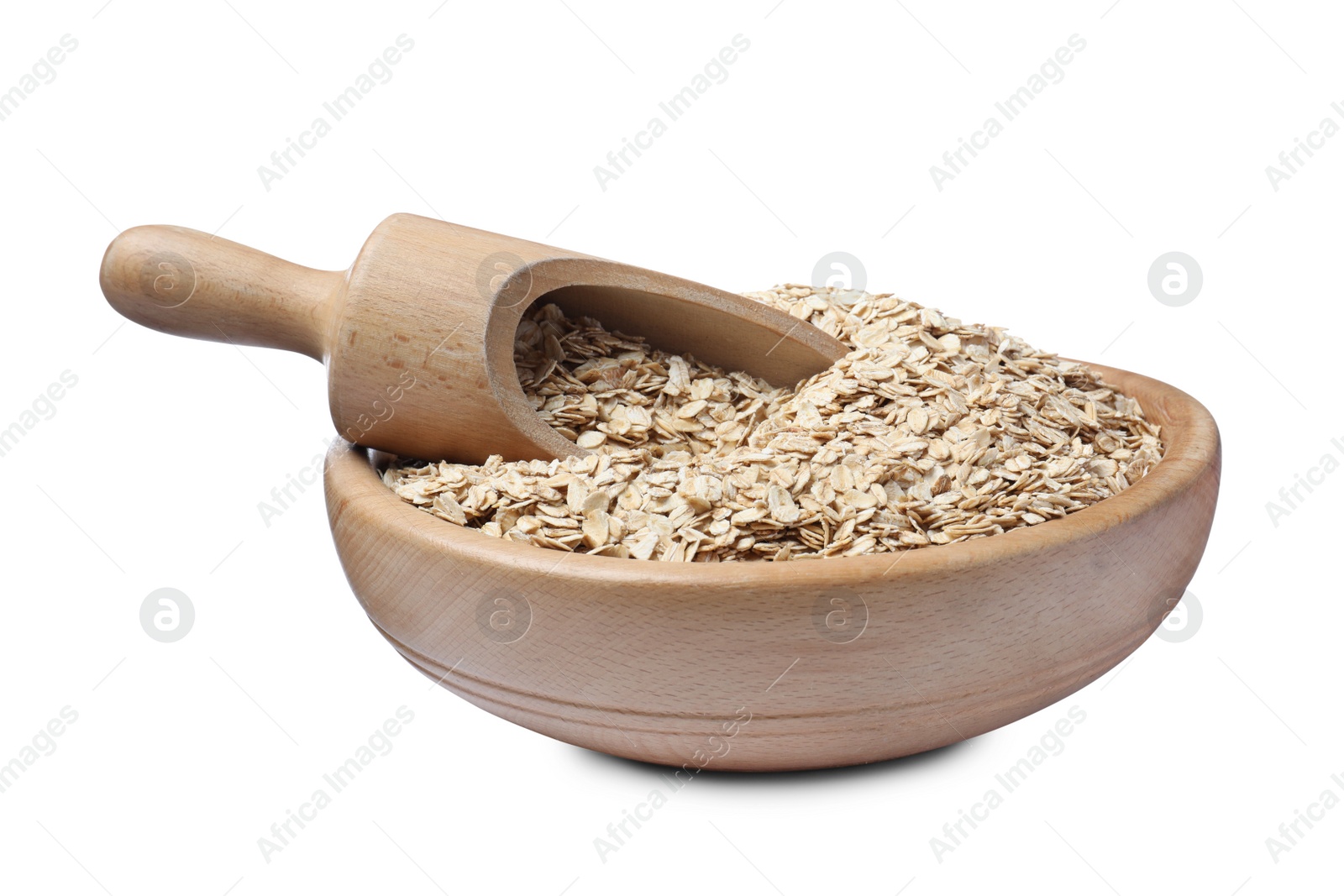 Photo of Oatmeal, wooden bowl and scoop on white background