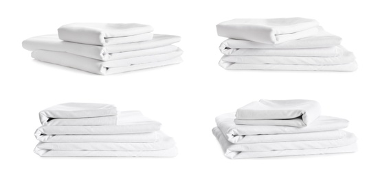 Set with stacks of clean bed linen on white background. Banner design