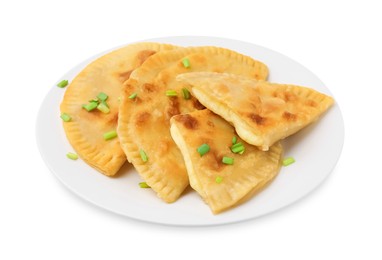 Photo of Delicious fried chebureki with cheese and green onion on white background