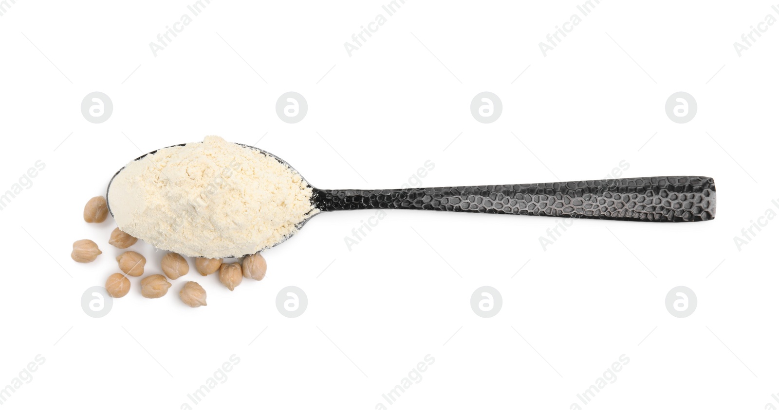 Photo of Spoon of chickpea flour and grains on white background, top view