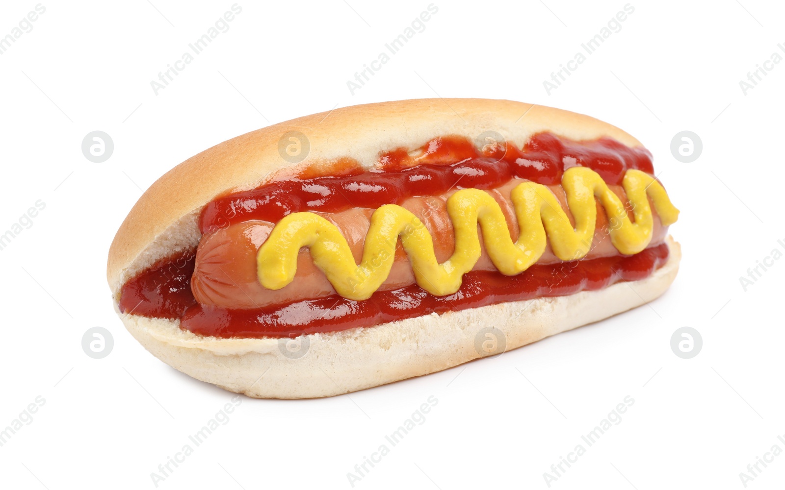 Photo of Delicious hot dog with mustard and ketchup on white background