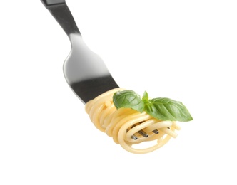 Photo of Fork with delicious pasta on white background