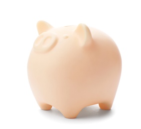 Photo of Cute piggy bank on white background. Money saving