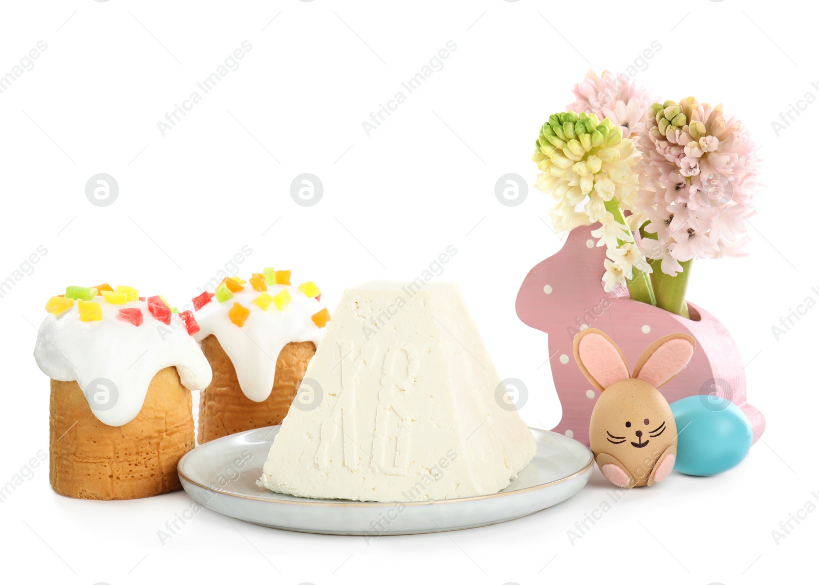 Photo of Composition with traditional cottage cheese Easter paskha on white background