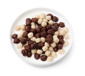 Photo of Breakfast cereal. Tasty corn balls with milk in bowl isolated on white, top view