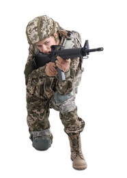 Photo of Female soldier with machine gun on white background. Military service