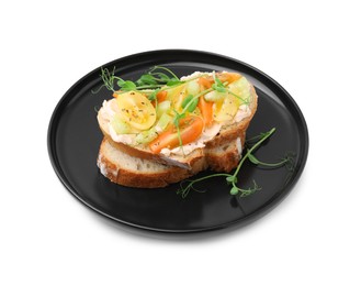 Tasty vegan sandwich with tomatoes, celery and microgreens isolated on white