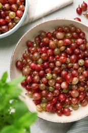 Photo of Bowls full of ripe gooseberries on light grey marble table, flat lay