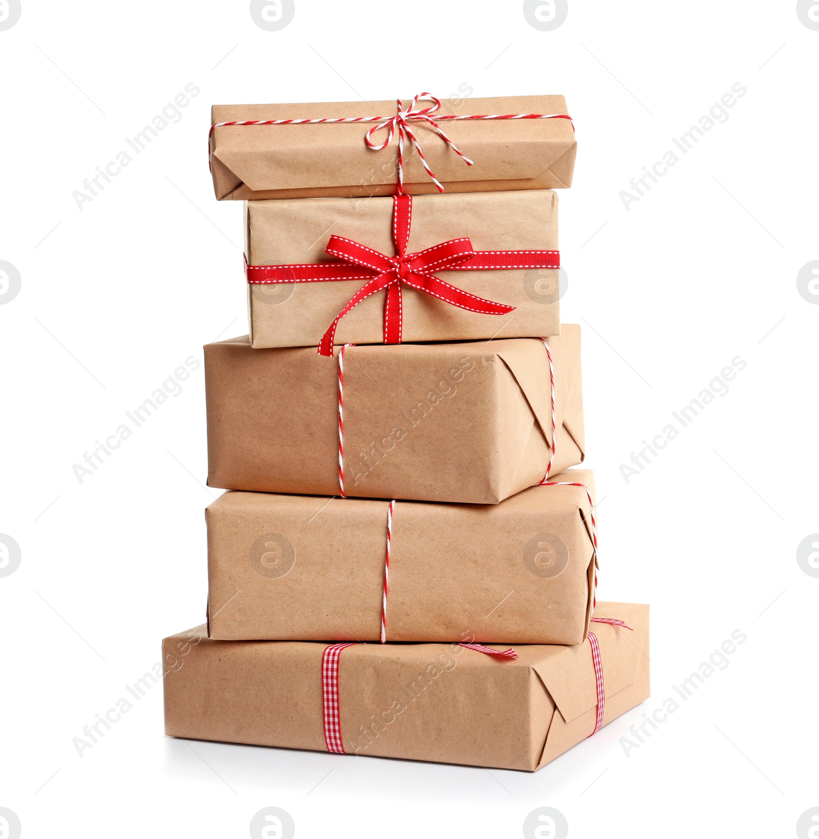 Photo of Beautifully wrapped gift boxes on white background