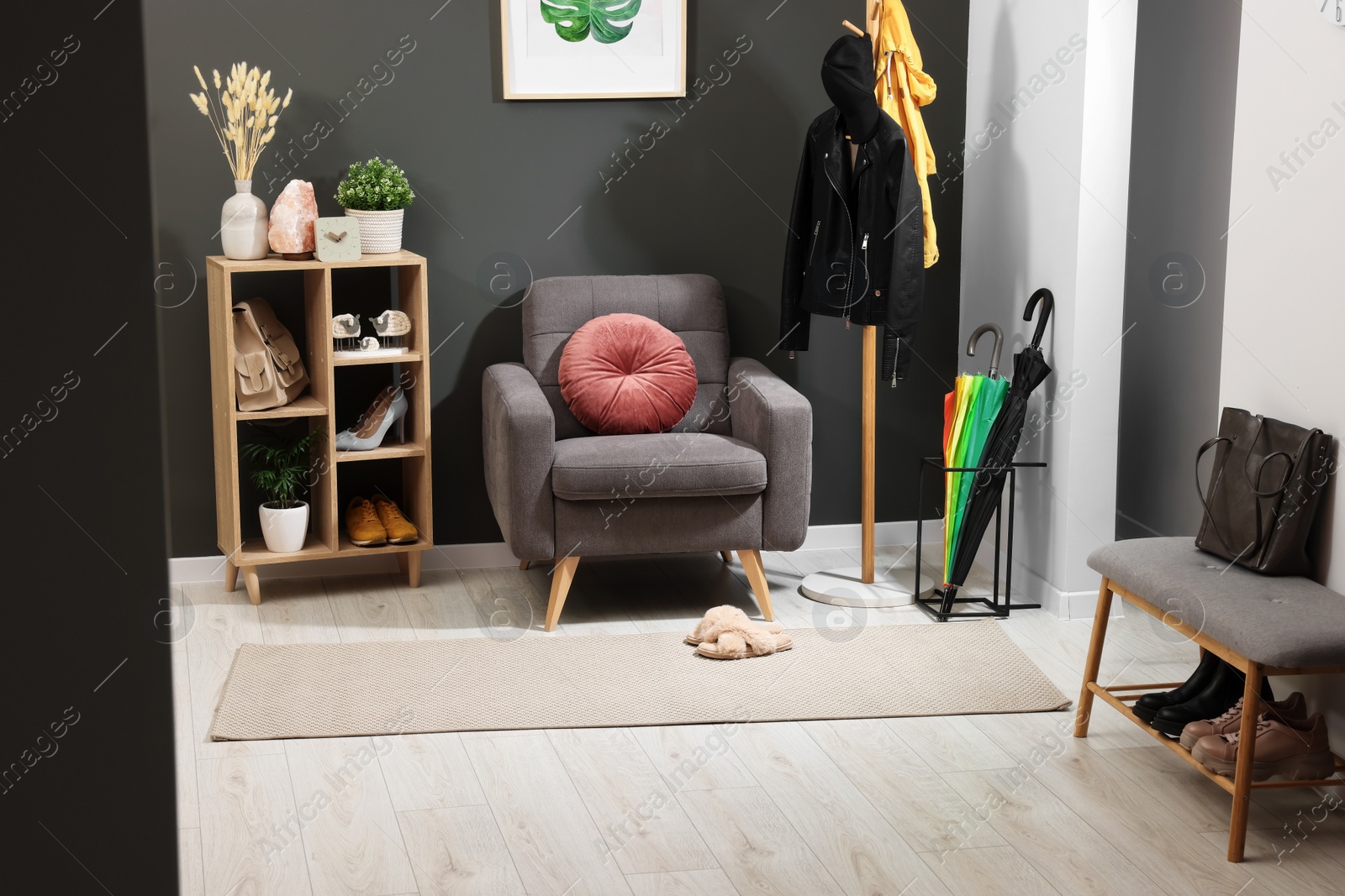 Photo of Modern hallway interior with stylish furniture and decorative elements