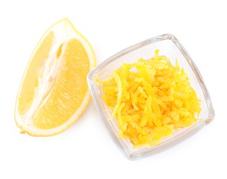 Lemon zest and fresh fruit on white background, top view