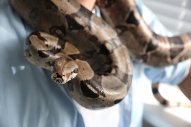 Photo of Man with his boa constrictor at home, closeup. Exotic pet