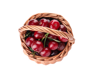 Photo of Sweet juicy cherries in basket isolated on white, top view