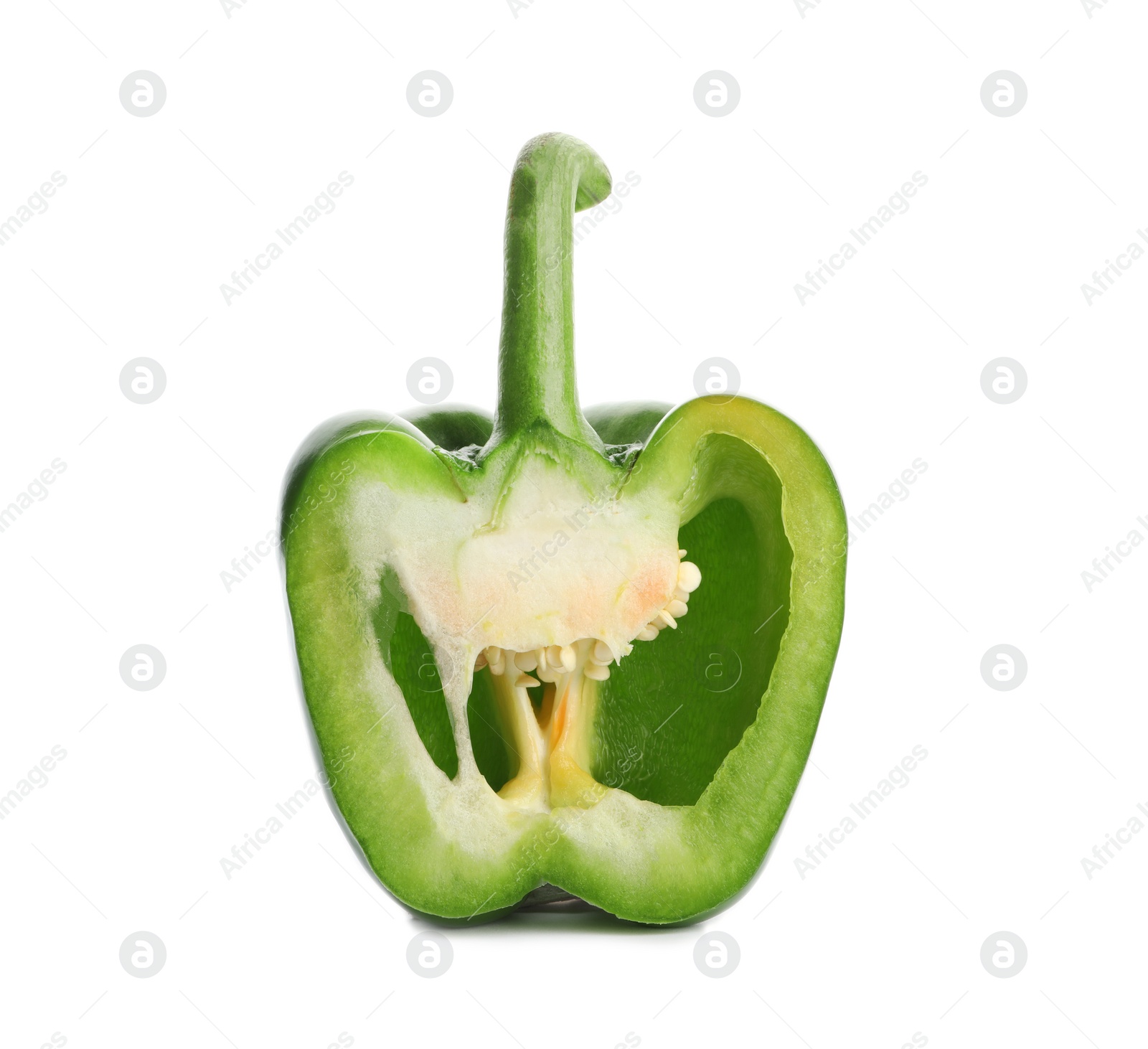 Photo of Half of fresh ripe green pepper on white background