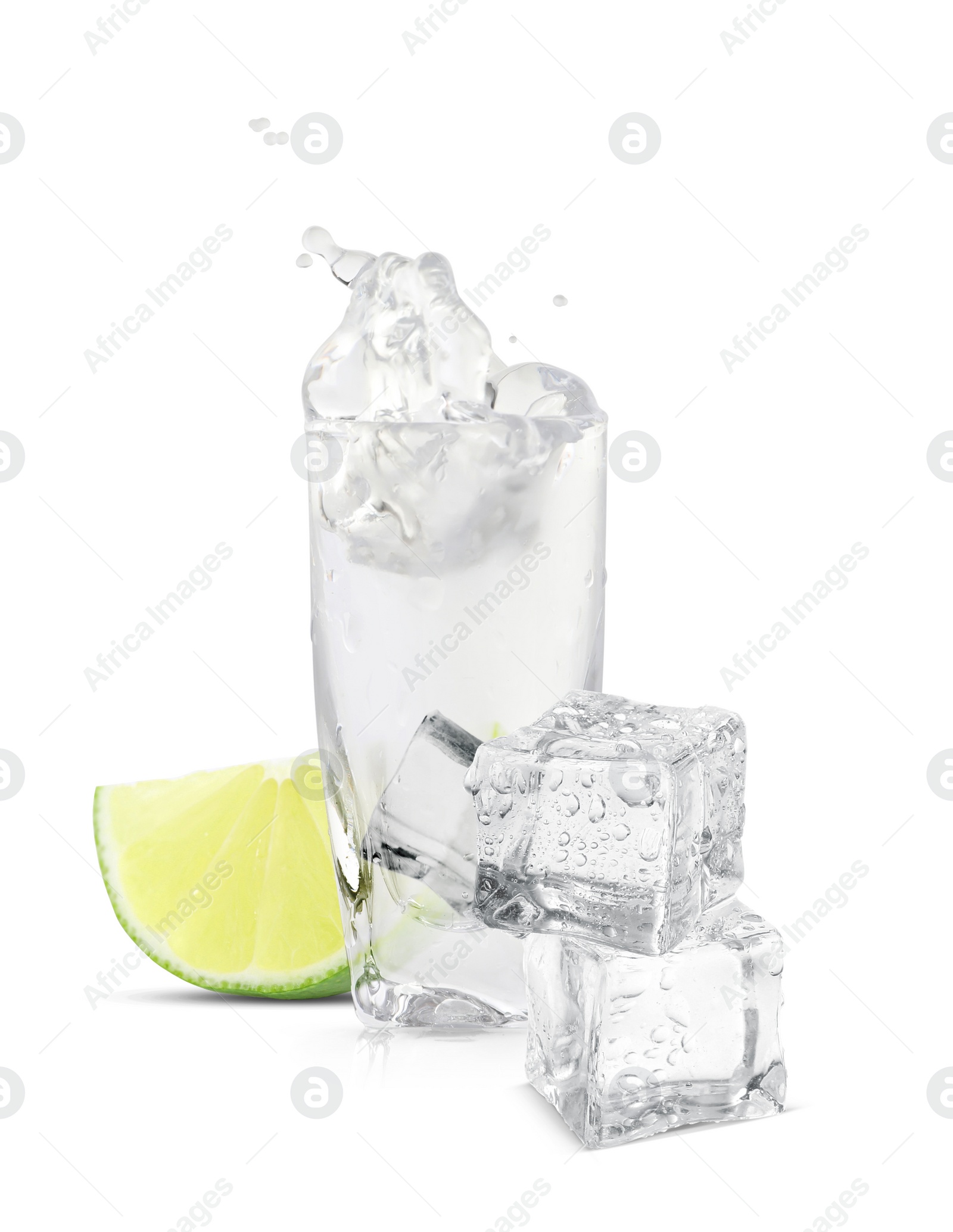 Image of Shot of vodka with ice and lime on white background