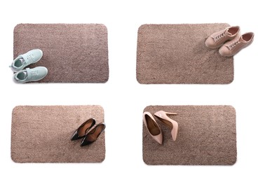 Image of Set with door mats and different shoes on white background, top view