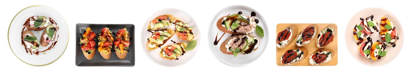 Image of Set of delicious bruschettas with balsamic vinegar isolated on white, top view