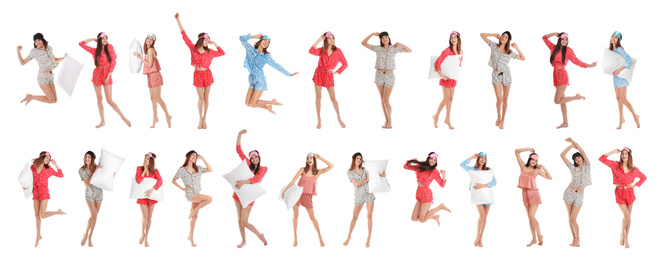 Collage of women with sleep masks on white background. Banner design