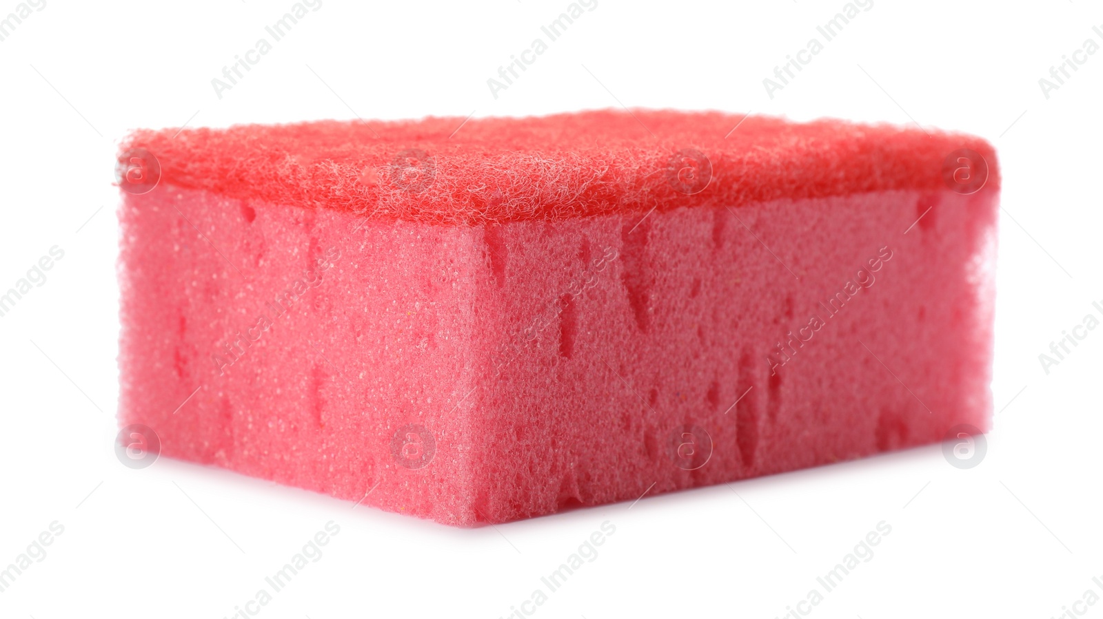 Photo of Pink cleaning sponge with abrasive red scourer isolated on white