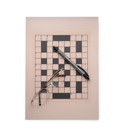 Blank crossword, eyeglasses and pen on white background, top view