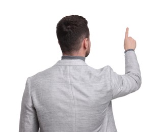 Photo of Businessman in suit pointing something on white background, back view