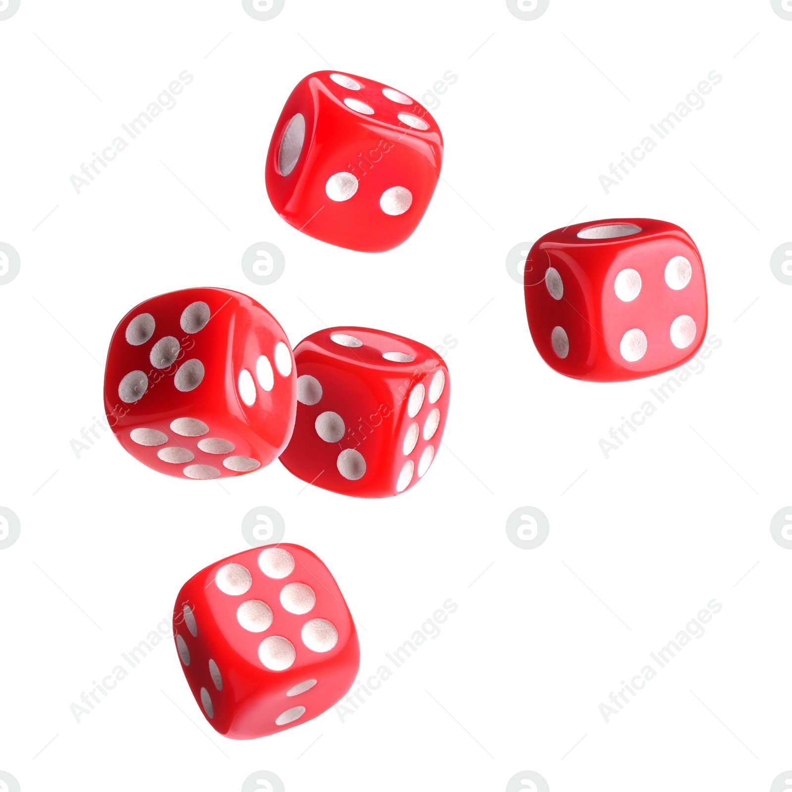 Image of Five red dice in air on white background