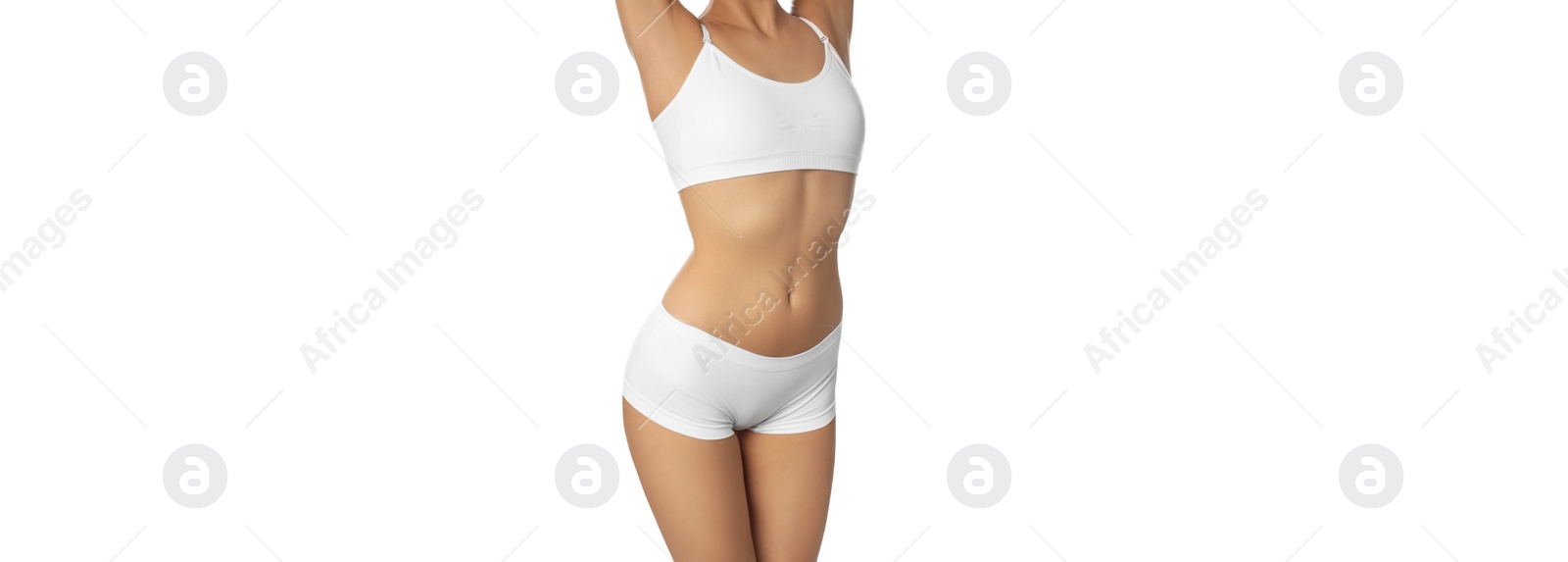 Image of Young woman with slim body on white background, closeup. Banner design