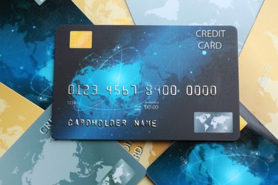 Many credit cards as background, top view