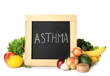 Natural products as home remedies and blackboard ASTHMA on white background