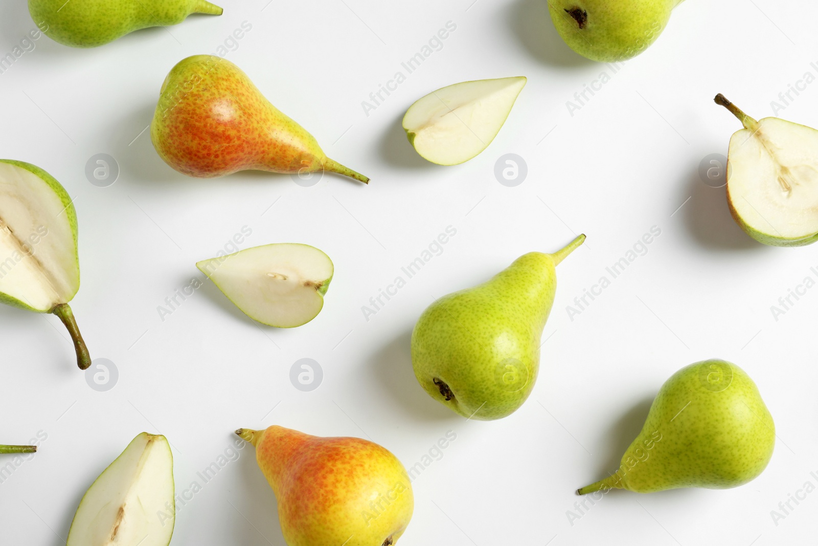 Photo of Fresh pears on light background, flat lay composition