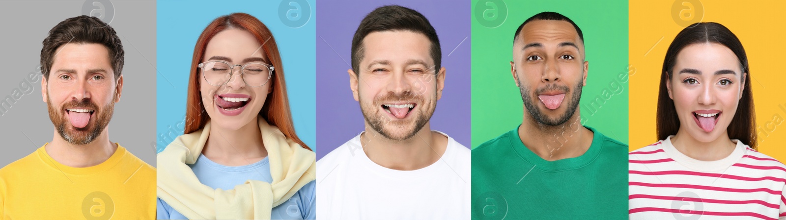 Image of Collage with photos of people showing their tongues on different color backgrounds