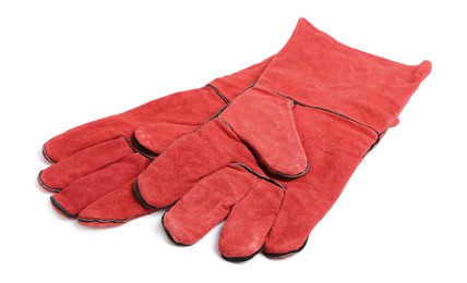 Photo of Red protective gloves on white background. Safety equipment