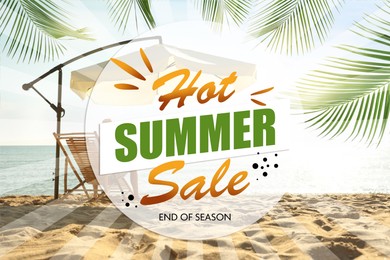 Image of Hot summer sale flyer design. Beautiful view on sandy beach near sea and text
