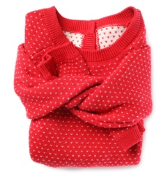 Photo of Folded red jumper isolated on white, top view. Christmas baby clothes
