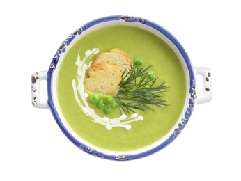 Photo of Fresh vegetable detox soup made of green peas with croutons on white background, top view