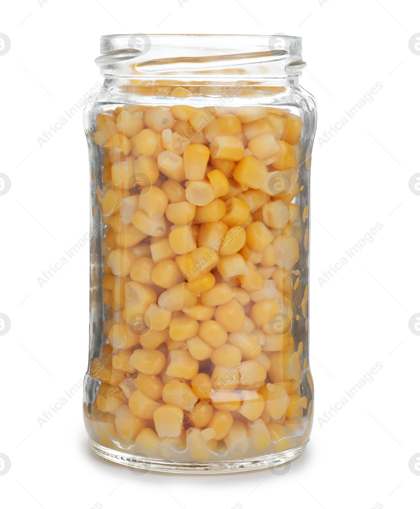 Photo of Glass jar with pickled corn isolated on white