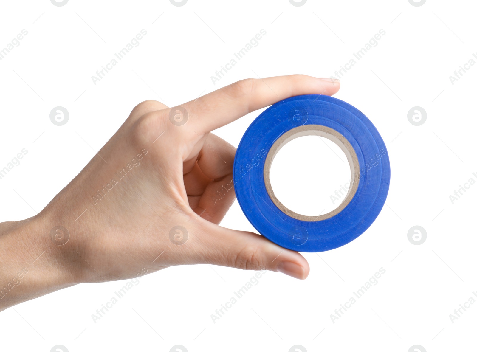 Photo of Woman holding blue insulating tape on white background, closeup