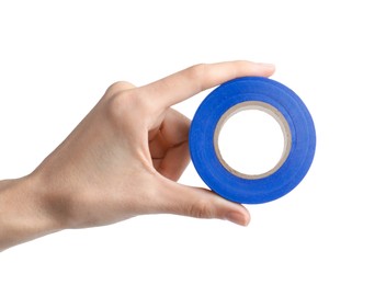 Woman holding blue insulating tape on white background, closeup